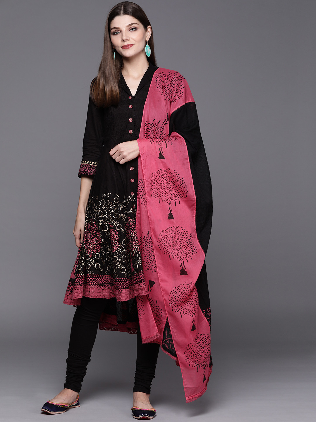 

Biba Women Black Floral Printed Panelled Kurta with Palazzos & With Dupatta