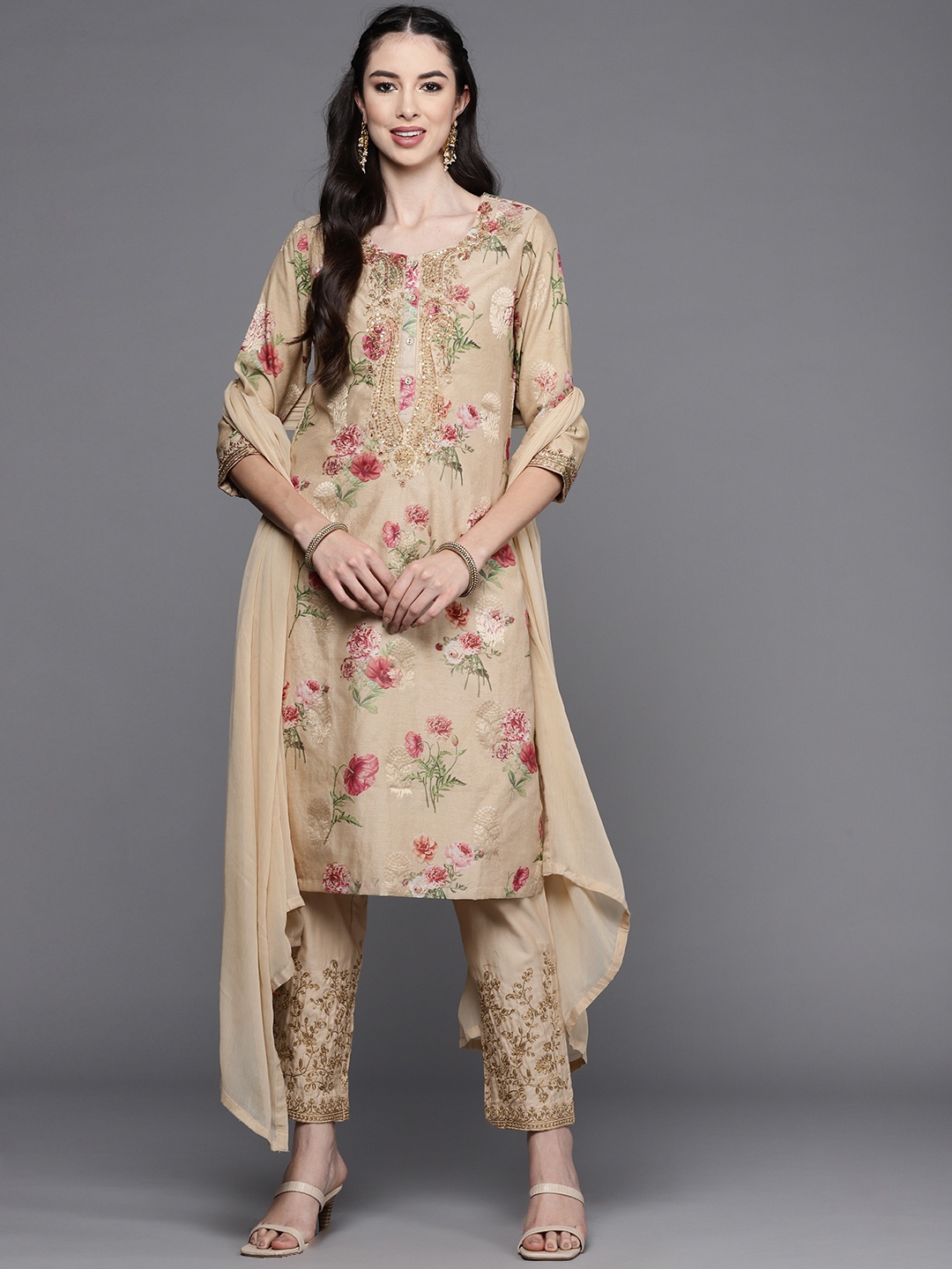 

Biba Women Beige Floral Printed Regular Kurta with Trousers & With Dupatta