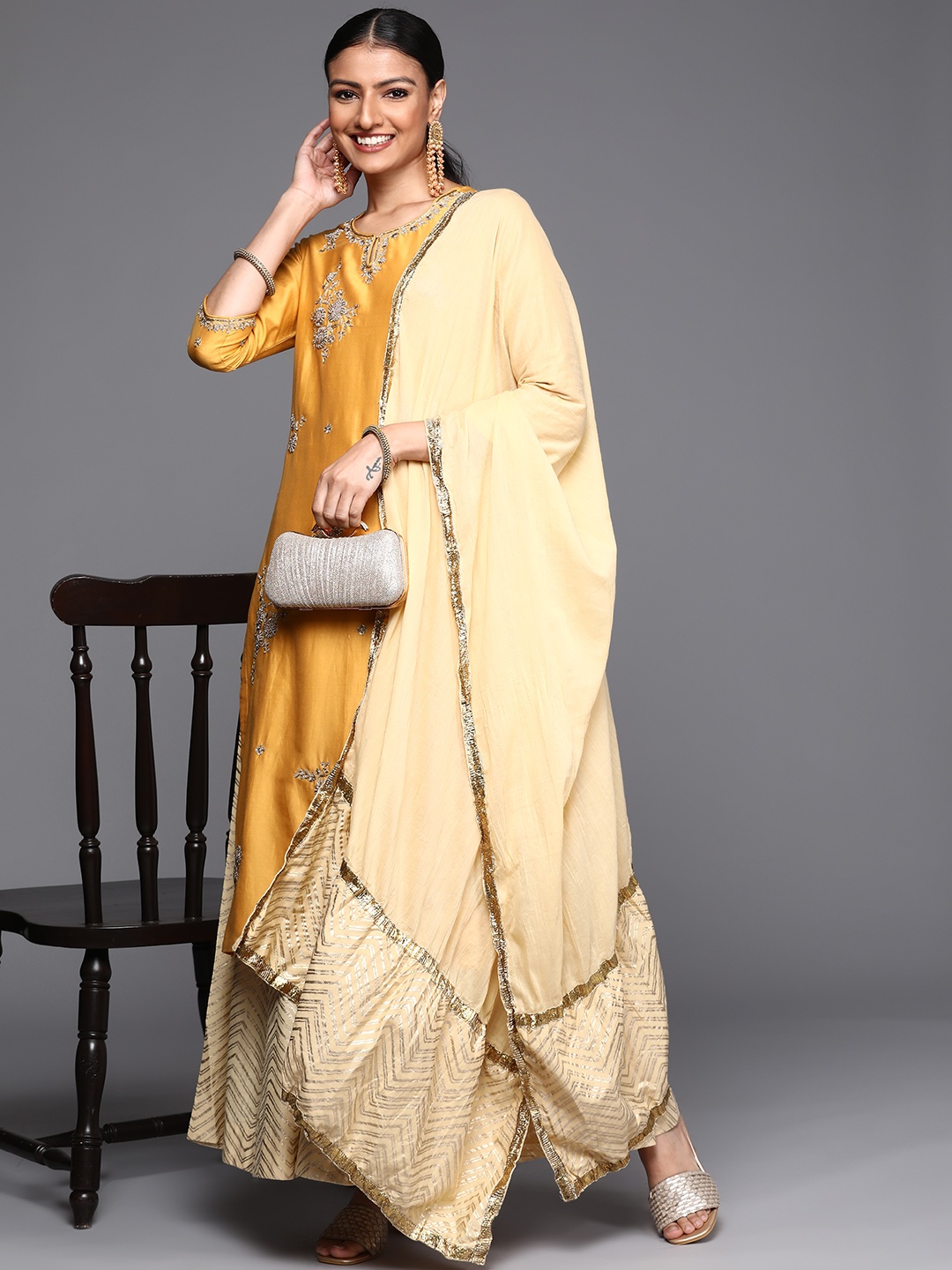 

Biba Women Mustard Yellow Floral Embroidered Kurta with Palazzos & With Dupatta