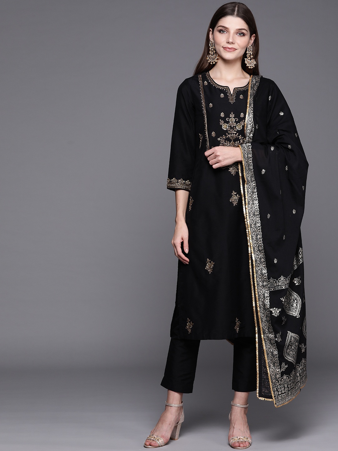 

Biba Women Black Ethnic Motifs Yoke Design Regular Kurta with Palazzos & With Dupatta