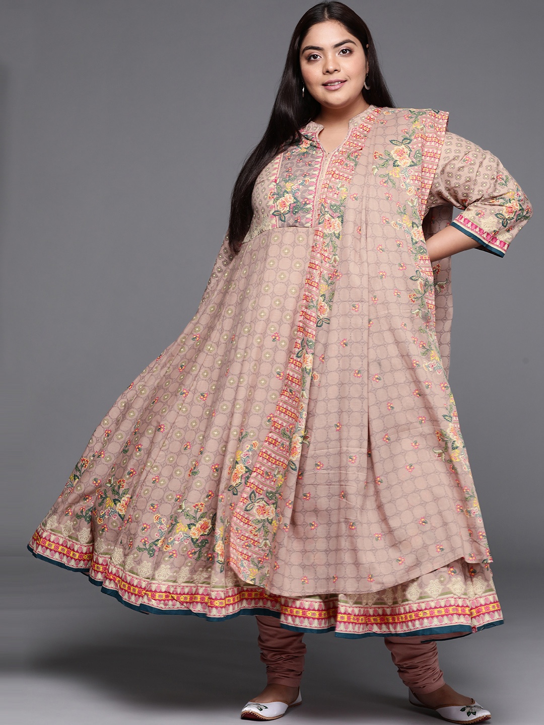 

Biba Women Grey Floral Printed Regular Pure Cotton Kurta with Palazzos & Dupatta