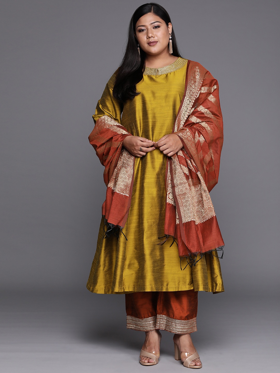 

Biba Women Plus Size Mustard Yellow Embroidered Kurta with Trousers & With Dupatta