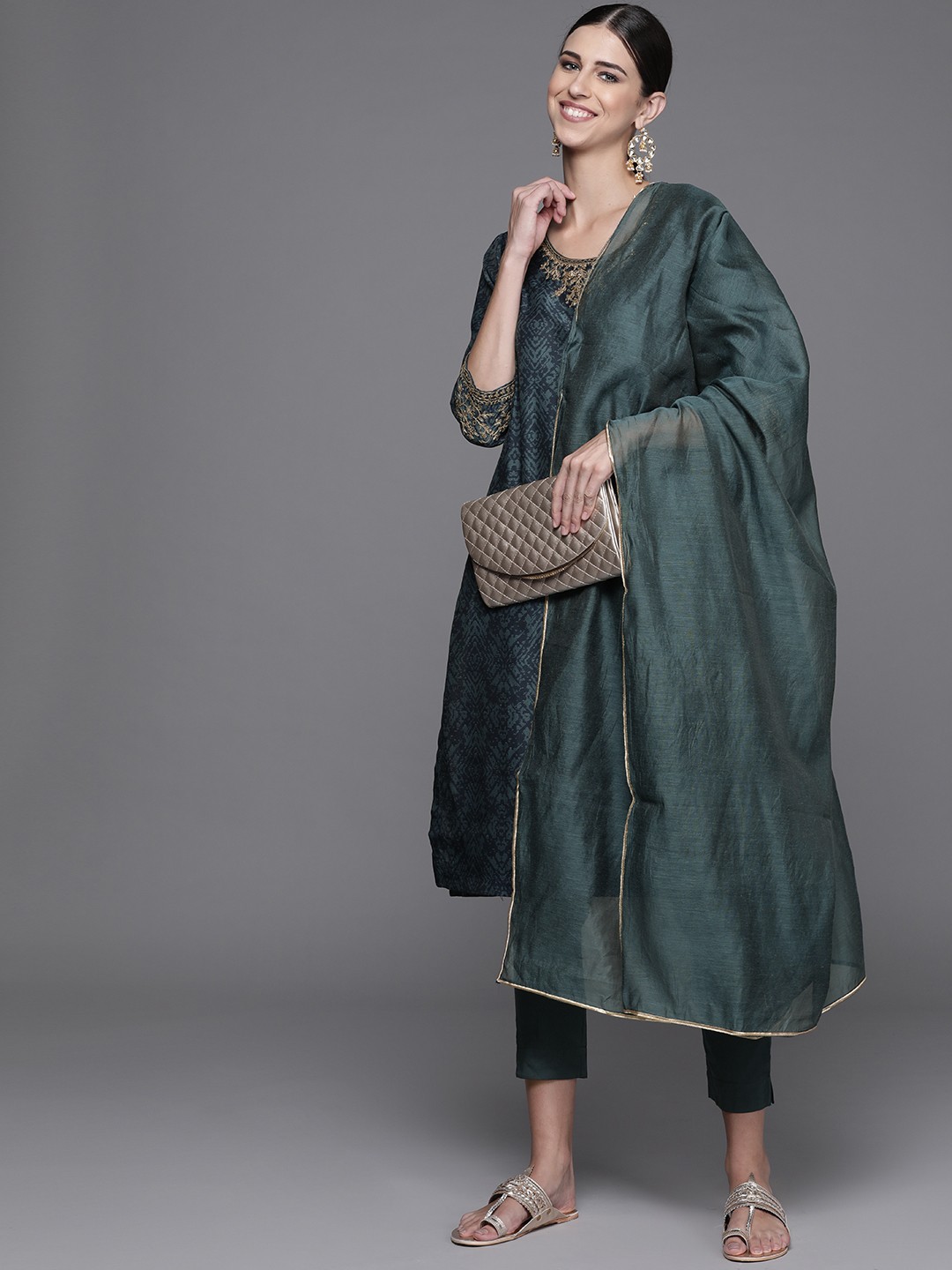 

Biba Women Teal Green & Blue Printed Kurta with Crop Trousers & Dupatta