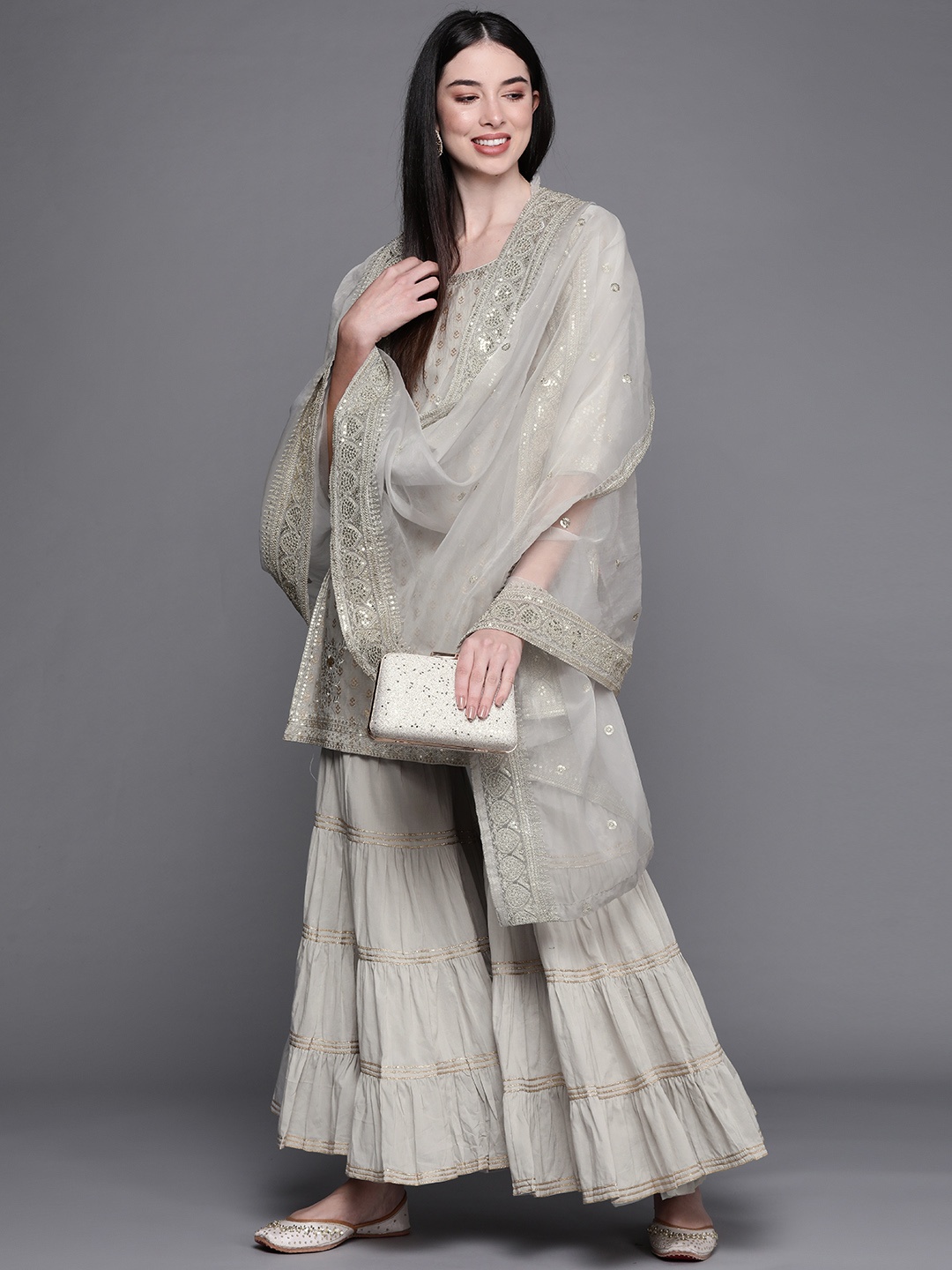 

Biba Women Grey & Golden Ethnic Woven Design Sequinned Kurta with Sharara & Dupatta