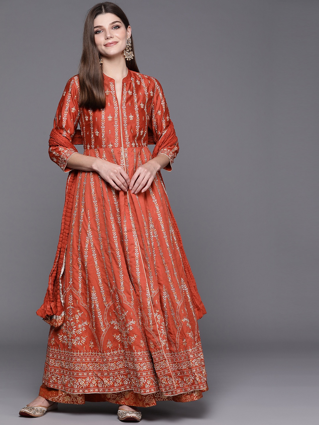 

Biba Women Brown Embroidered Panelled Chanderi Silk Kurta with Palazzos & With Dupatta