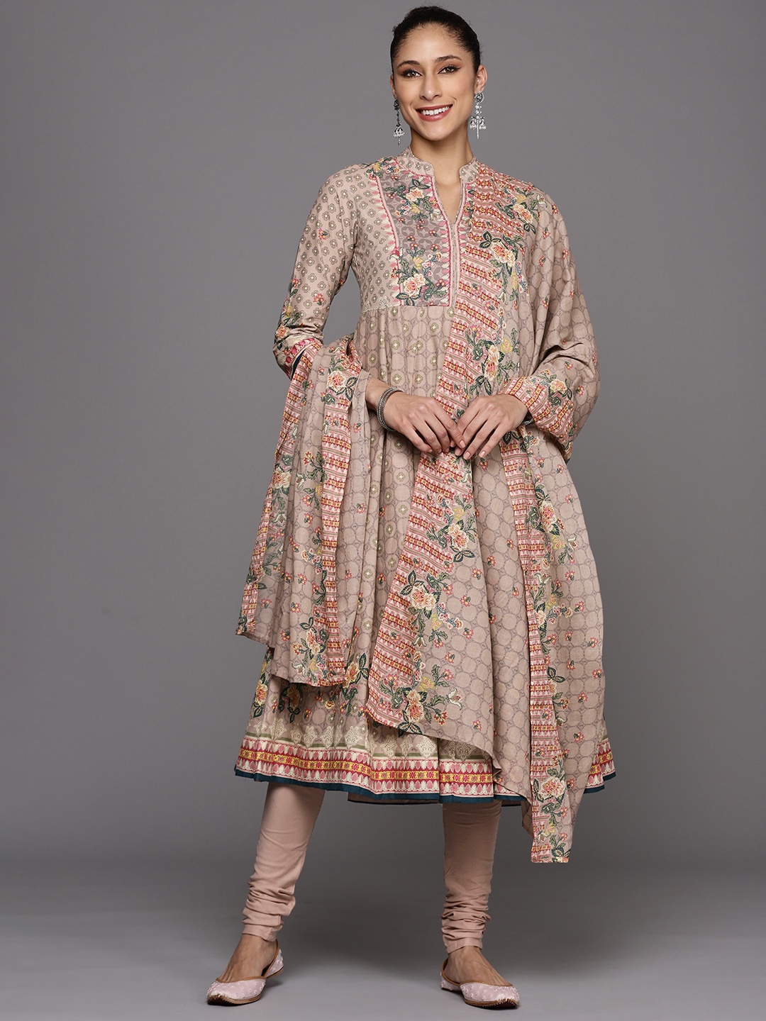 

Biba Women Beige Ethnic Motifs Printed Pure Cotton Kurta with Churidar & Dupatta