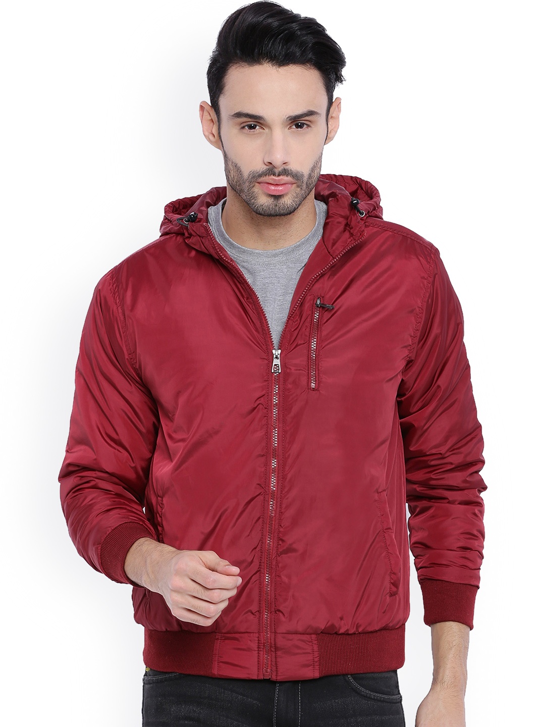 

Campus Sutra Maroon Hooded Bomber Jacket