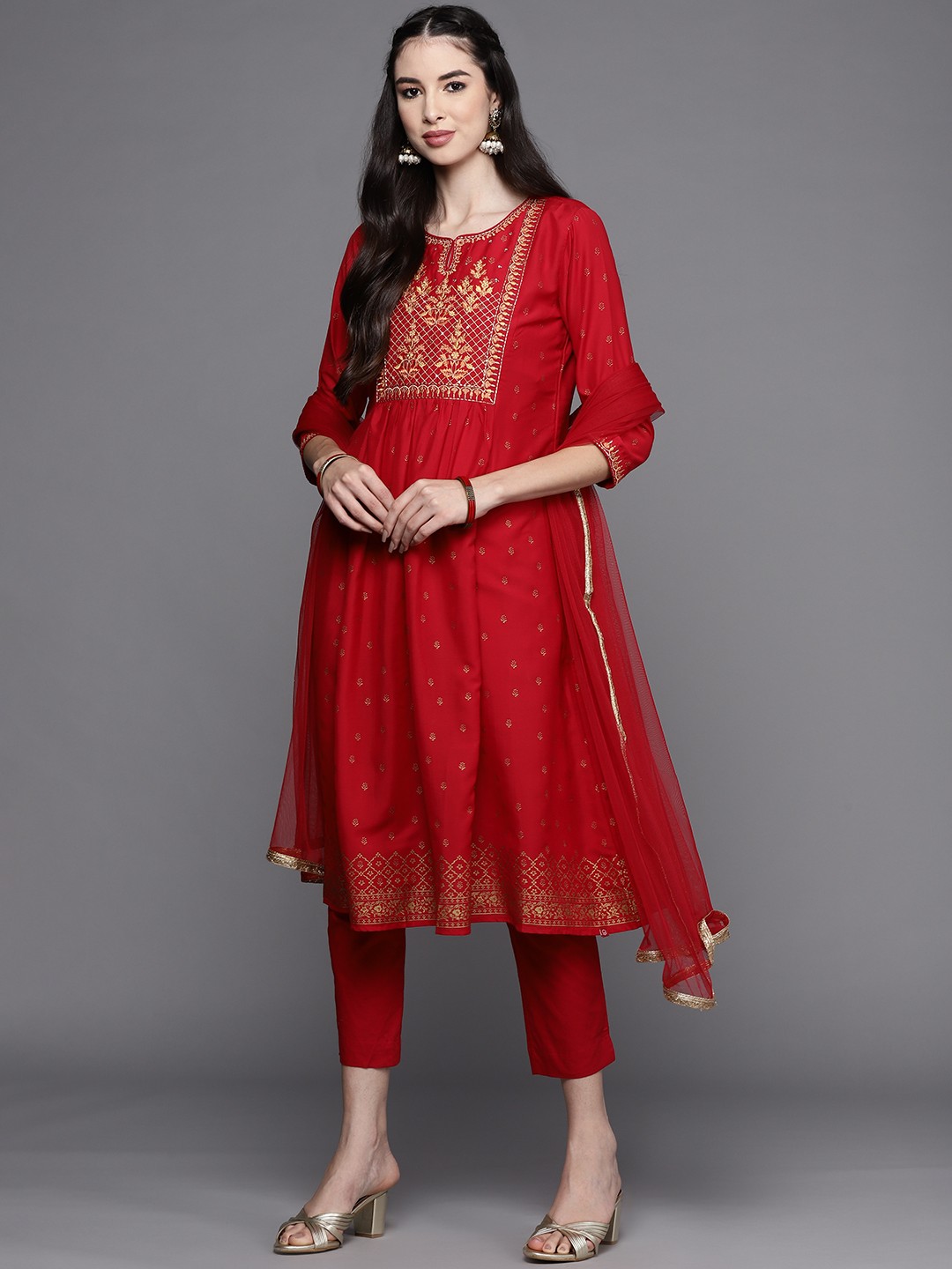 

Biba Women Red & Golden Ethnic Yoke Design Kurta with Trousers & Dupatta