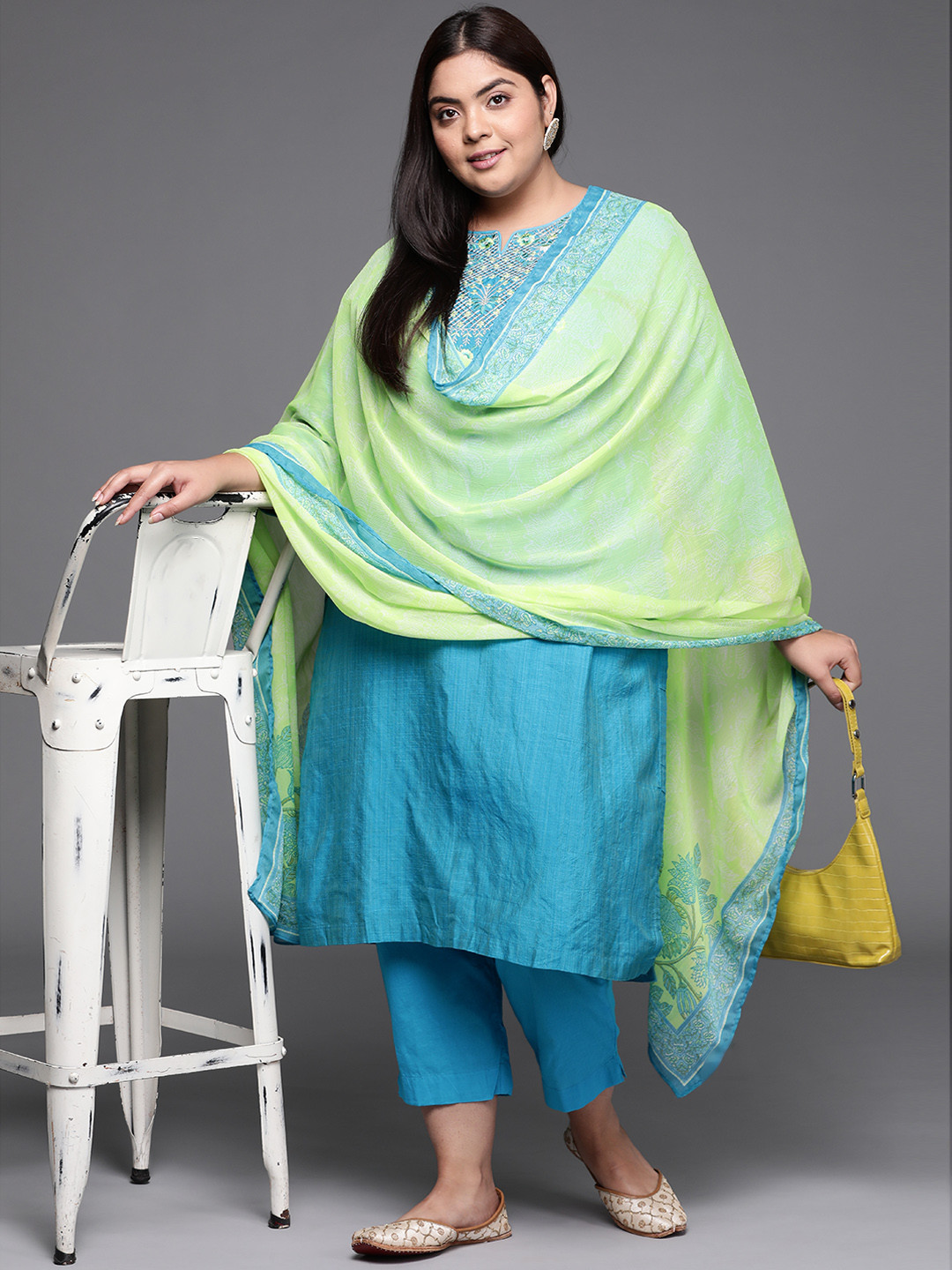 

Biba Women Turquoise Blue Ethnic Motifs Embroidered Layered Plus Size Kurta Sets