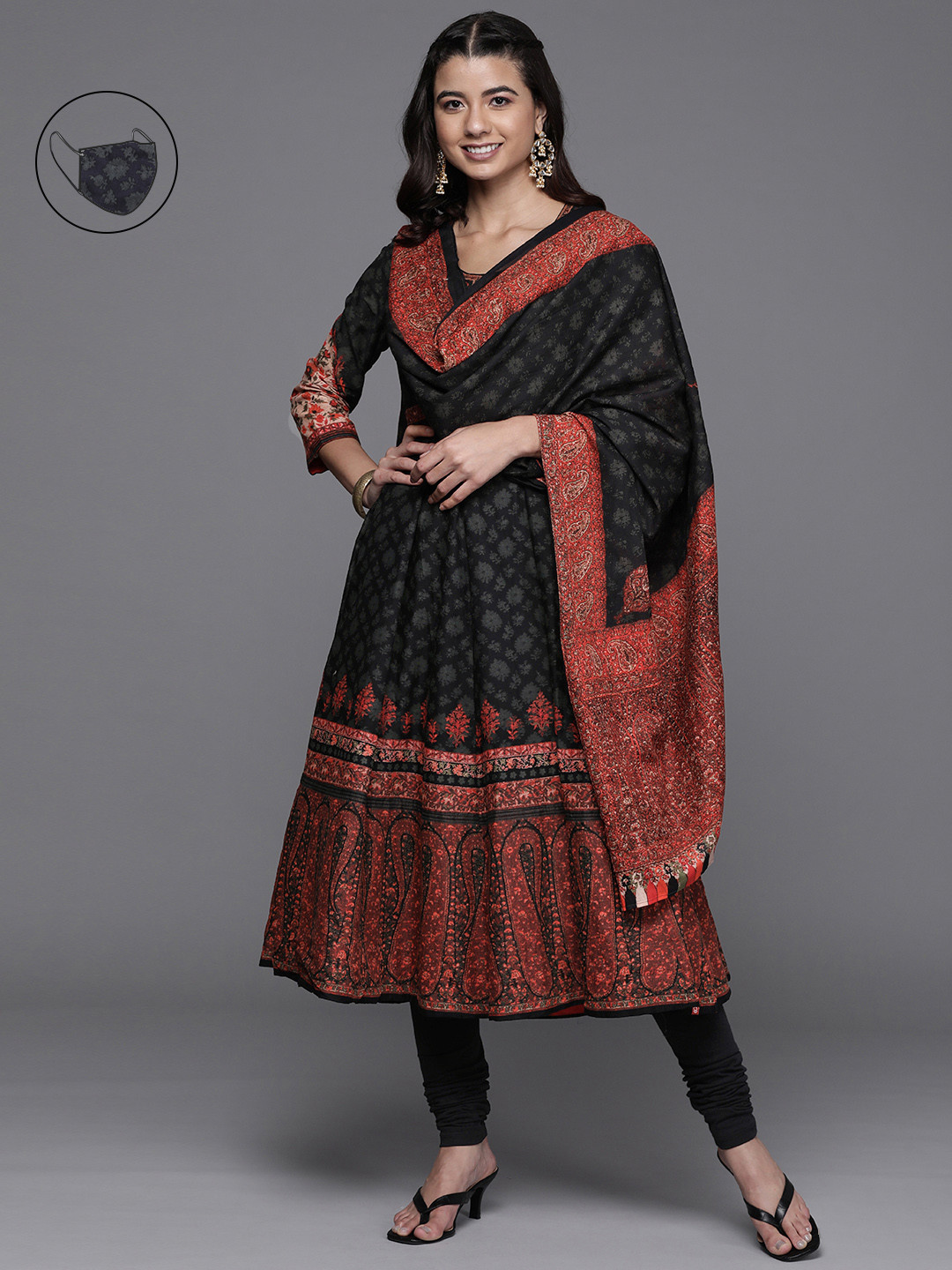 

Biba Women Black Floral Printed Panelled Pure Cotton Kurta with Palazzos & With Dupatta