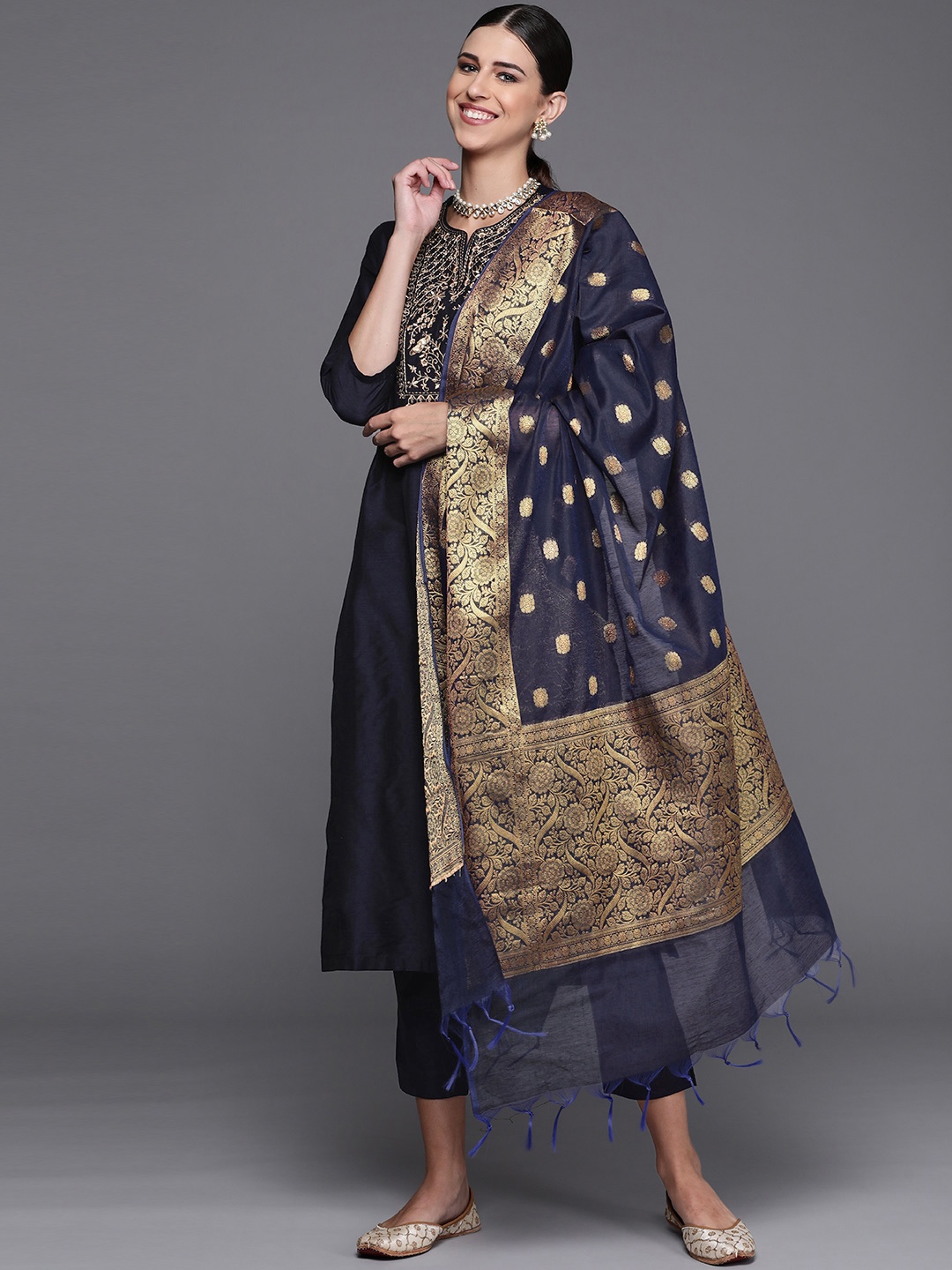 

Biba Women Navy Blue Floral Yoke Design Regular Kurta with Palazzos & With Dupatta