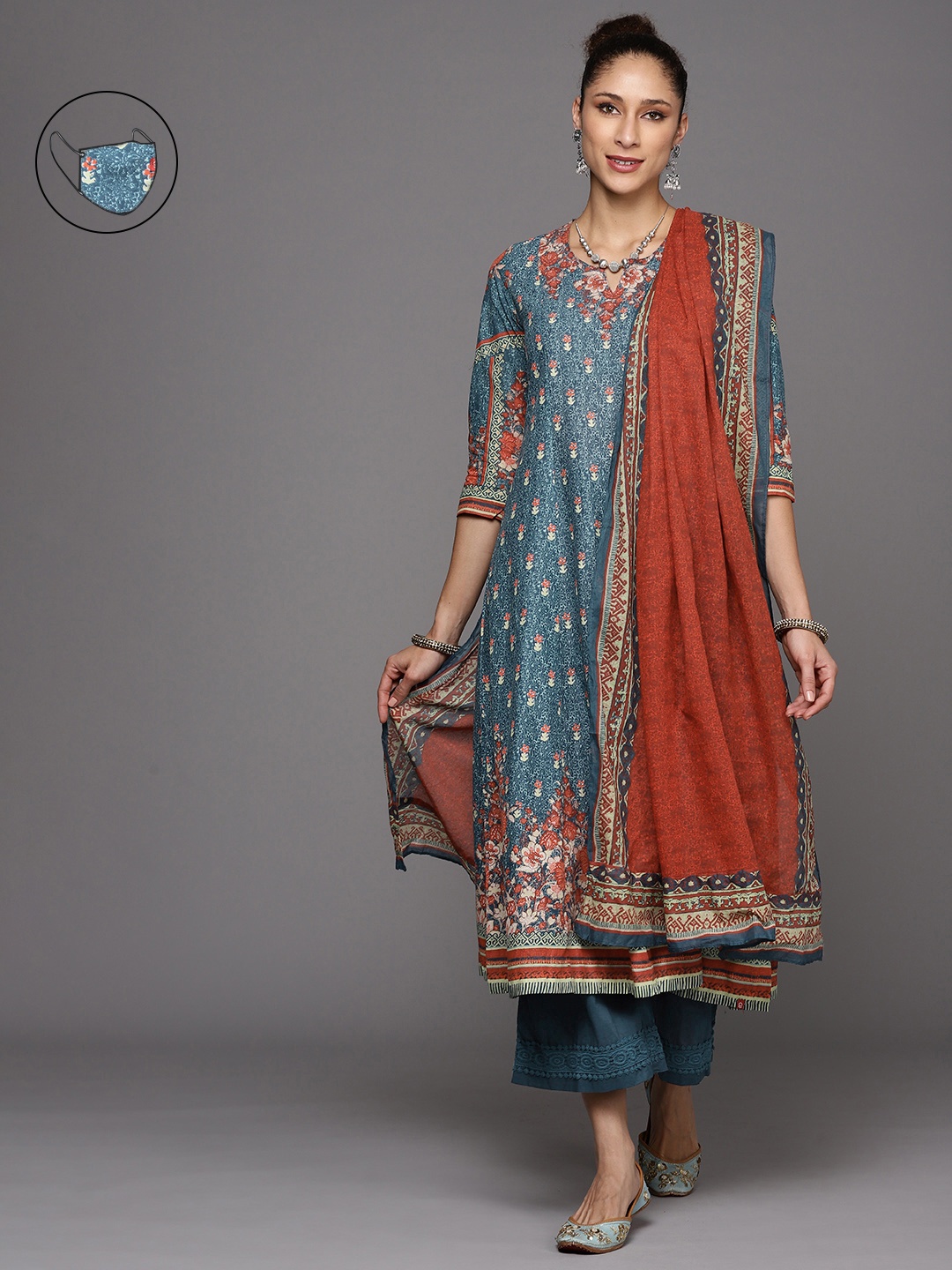 

Biba Women Blue & Rust Orange Ethnic Print Pure Cotton Kurta with Palazzos & Dupatta