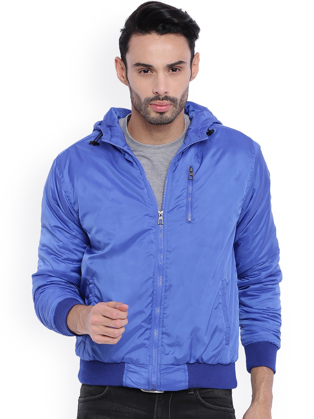 

Campus Sutra Blue Hooded Bomber Jacket