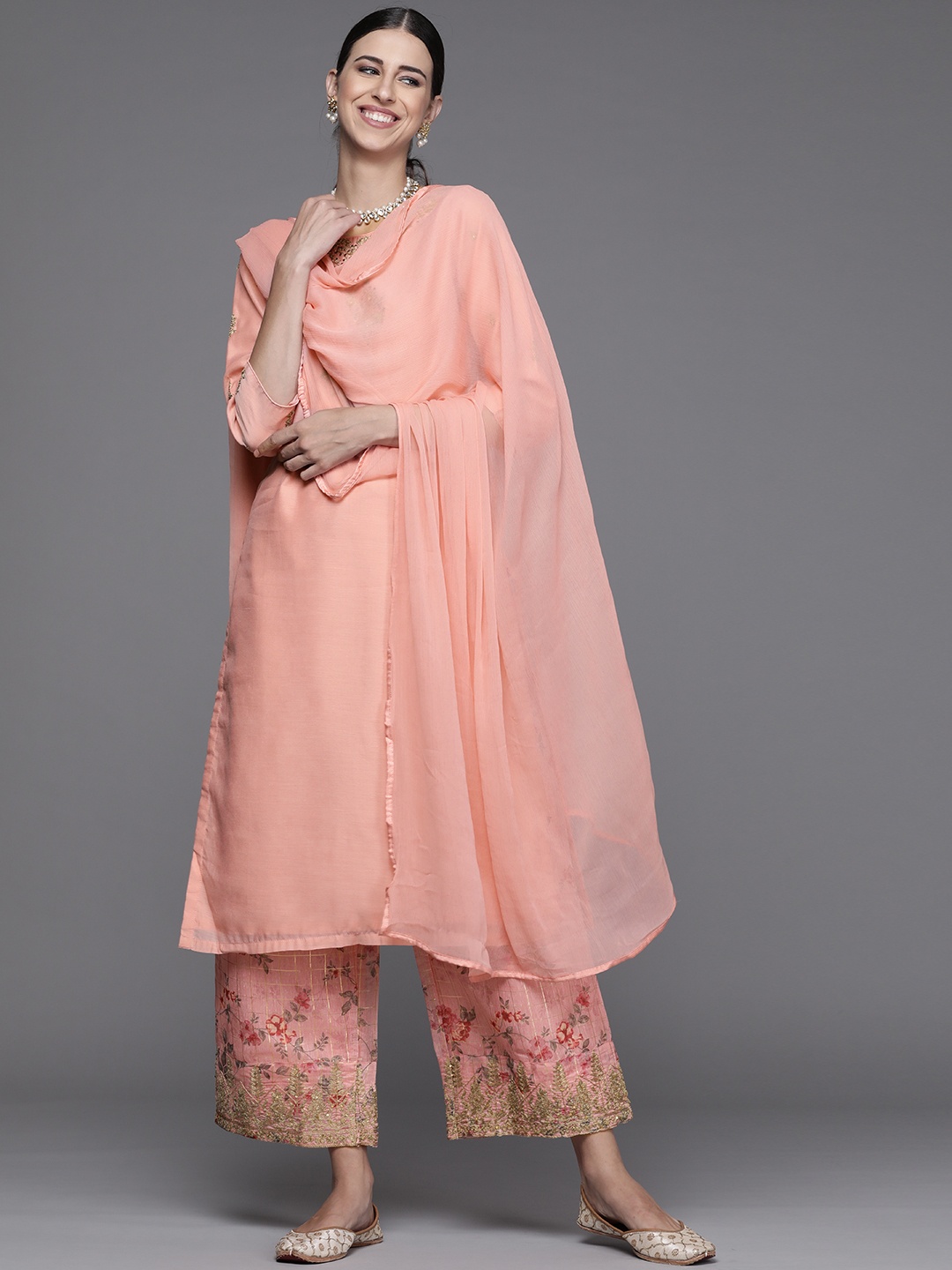 

Biba Women Peach-Coloured Floral Yoke Design Regular Sequinned Kurta with Palazzos & With Dupatta