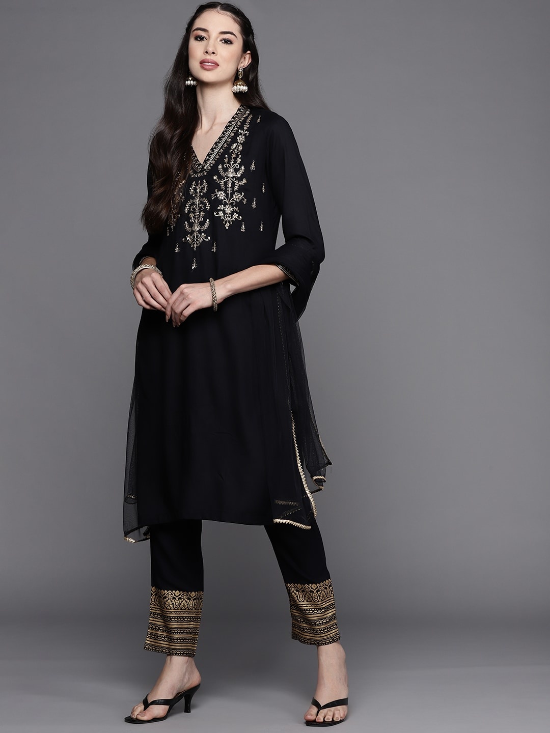 

Biba Women Black & Golden Ethnic Yoke Design Kurta with Trousers & With Dupatta