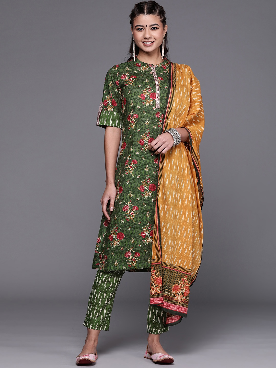 

Biba Women Green Ethnic Motifs Print Cotton Kurta with Trousers & Dupatta