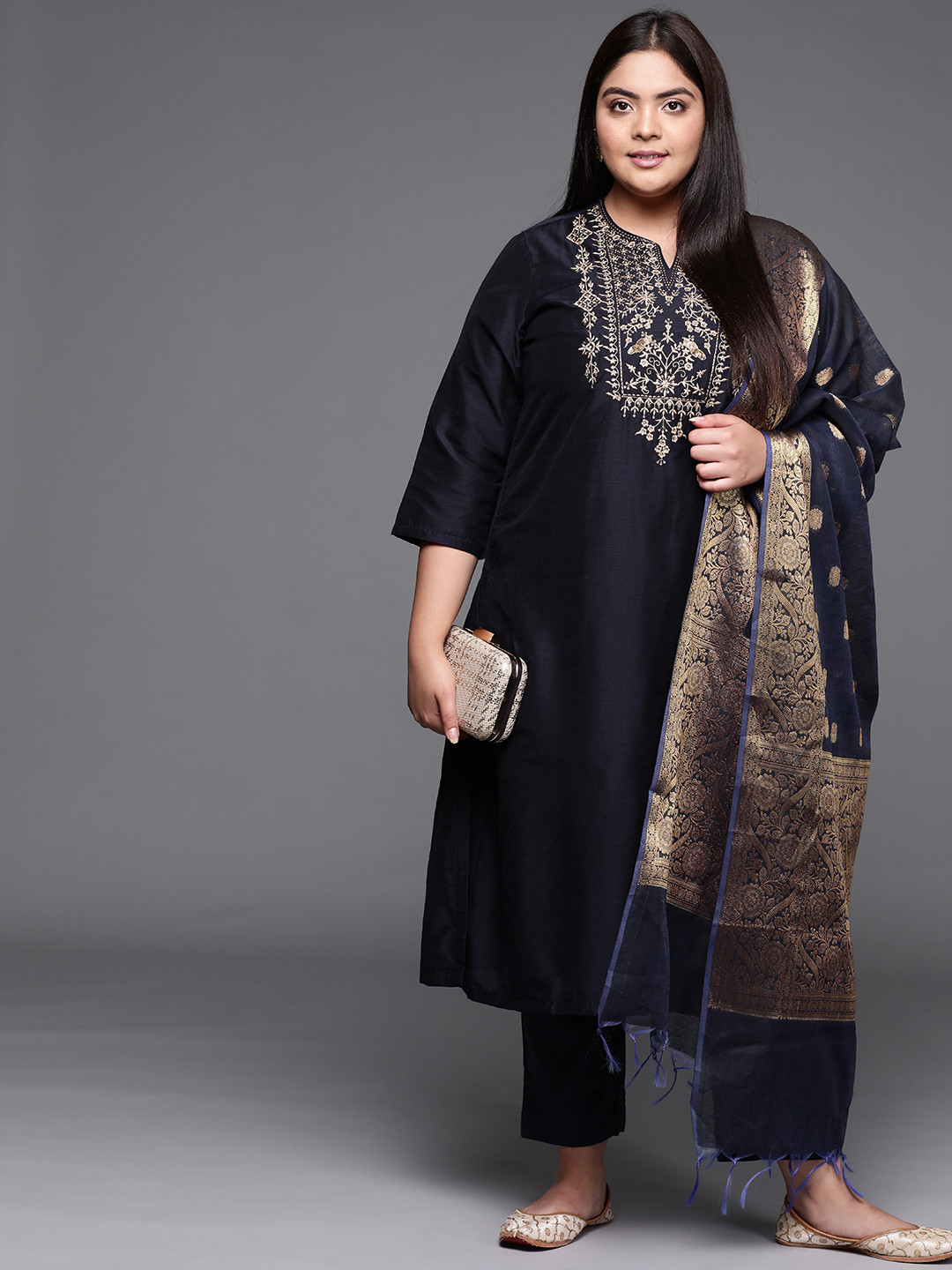 

Biba Women Navy Blue Ethnic Motifs Embroidered Regular Plus Size Kurta Sets