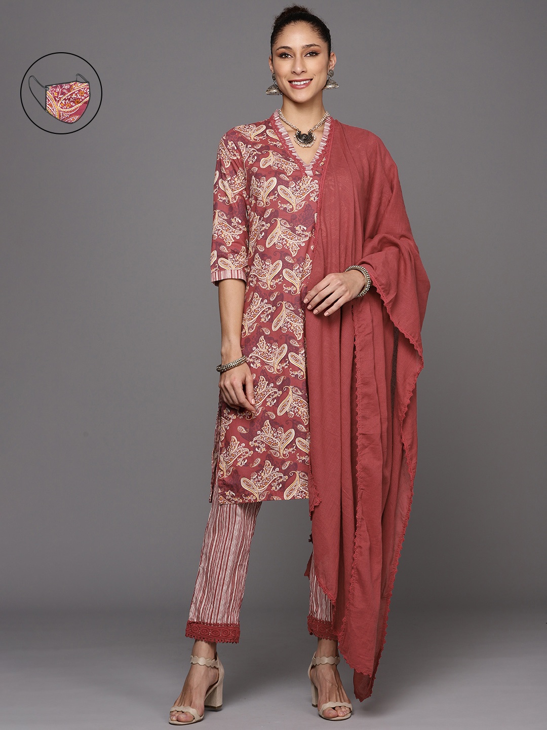 

Biba Women Red & Off-White Paisley Print Pure Cotton Kurta Set with Trousers & Dupatta