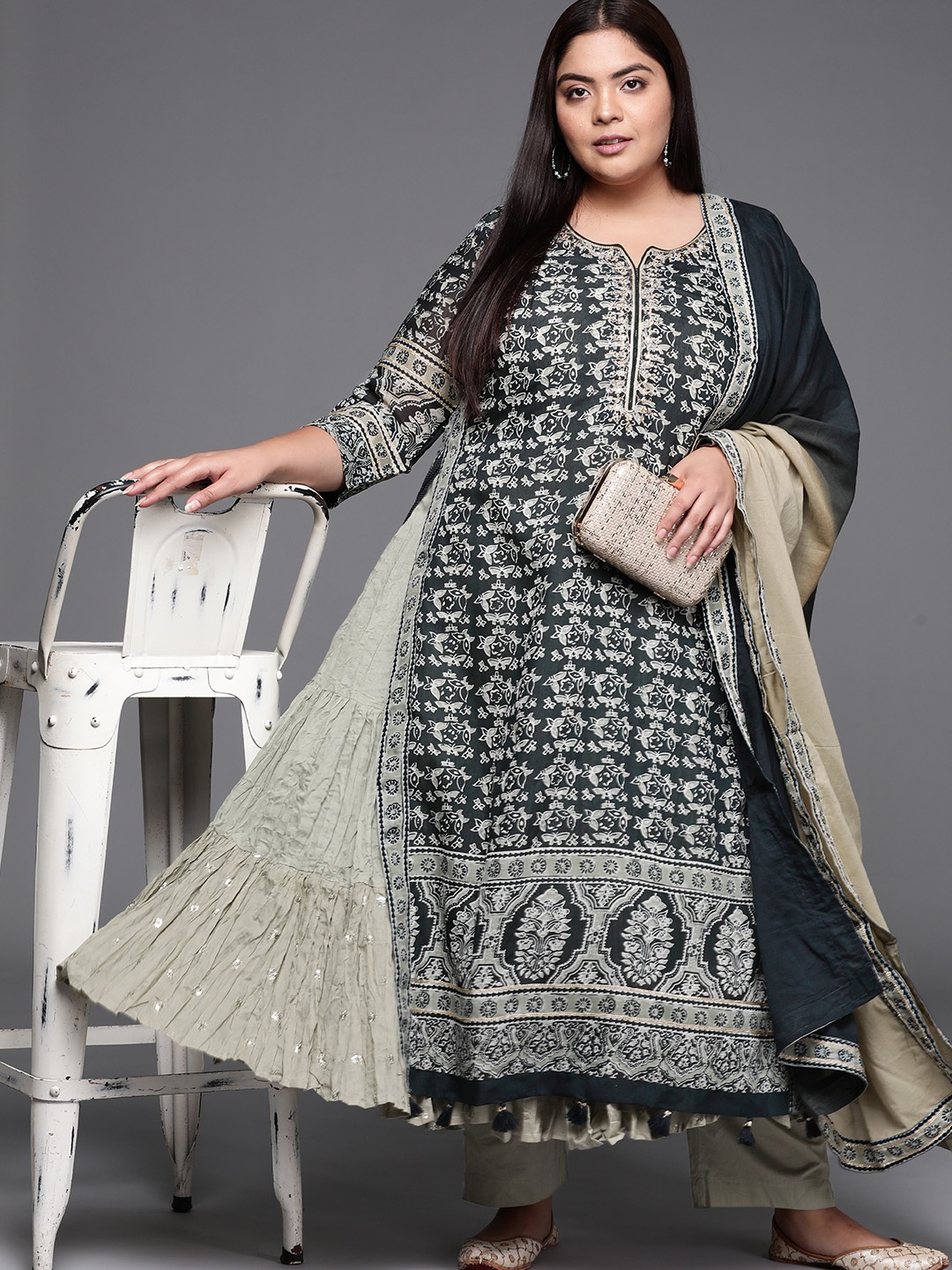

Biba Women Green Printed Regular Kurta with Trousers & With Dupatta