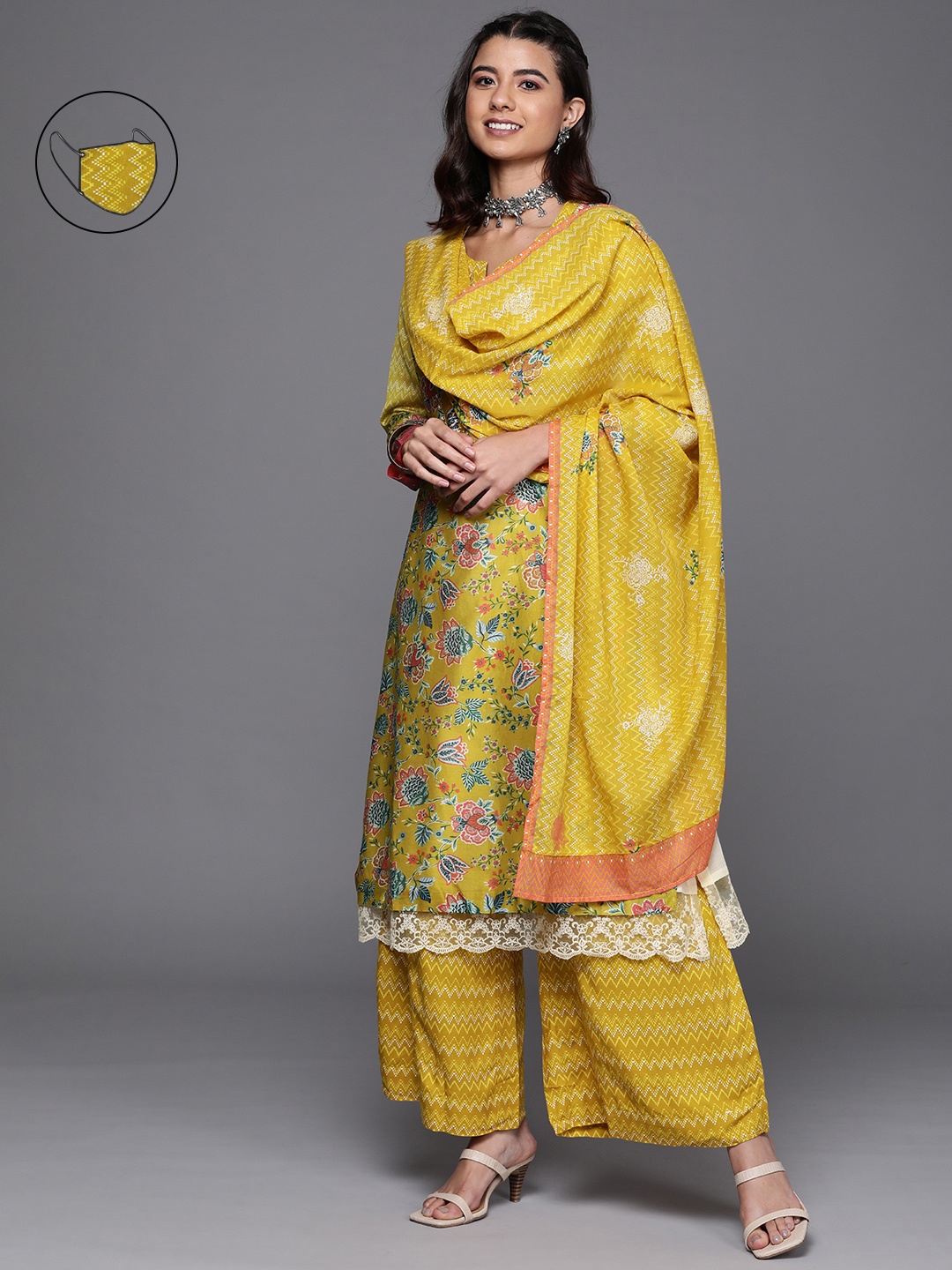 

Biba Women Yellow Floral Printed Regular Chanderi Silk Kurta with Palazzos & With Dupatta