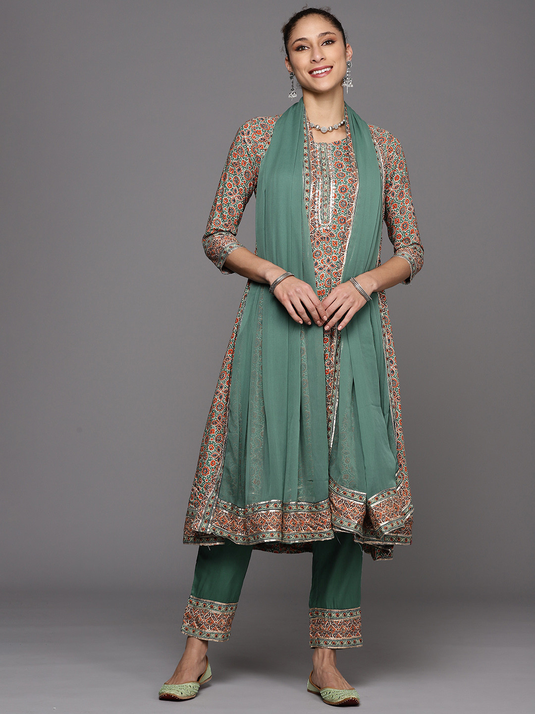

Biba Women Green & Orange Ethnic Motifs Printed Mirror Work Kurta with Trousers & Dupatta