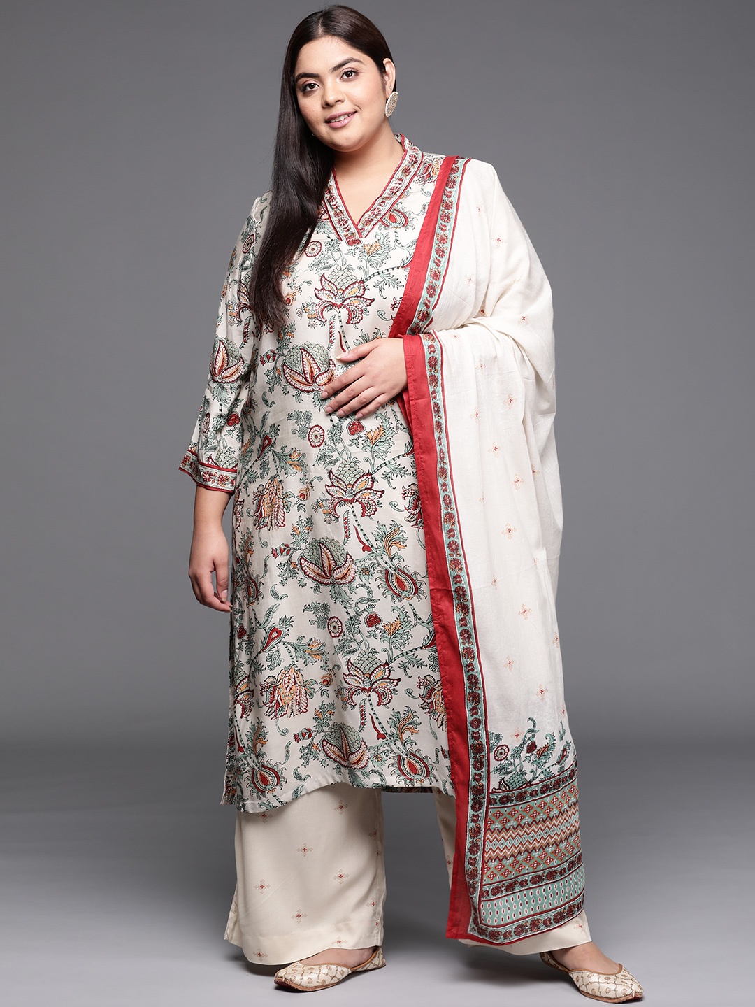

Biba Women Off White Floral Printed Regular Plus Size Kurta Sets