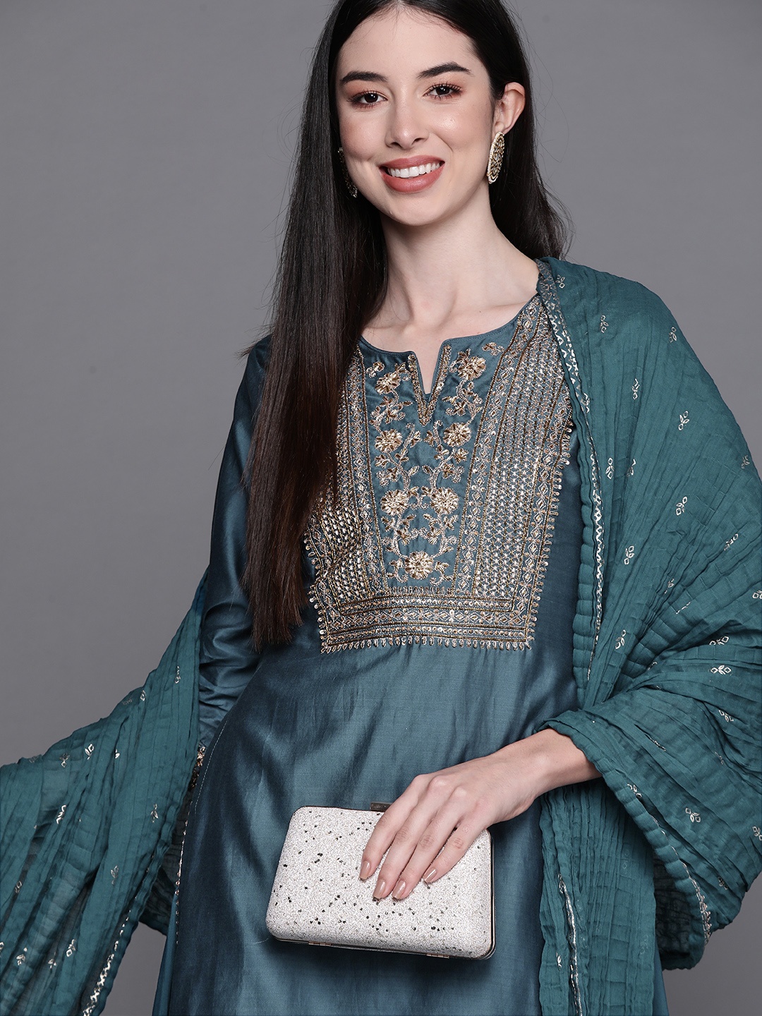 

Biba Women Teal Green & Golden Ethnic Yoke Design Layered Kurta with Churidar & Dupatta