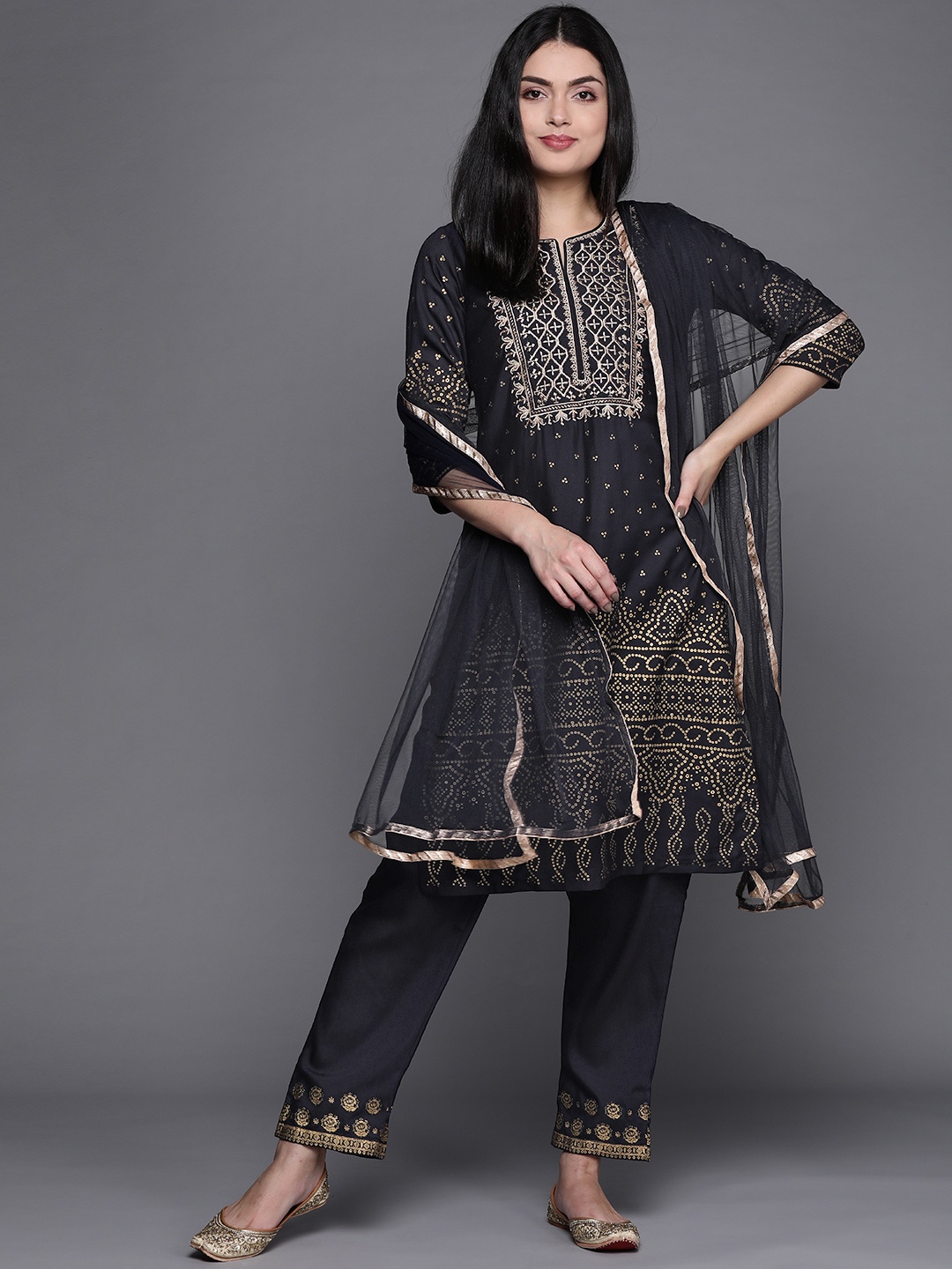 

Biba Women Navy Blue & Golden Ethnic Embroidered Kurta with Trousers & Dupatta