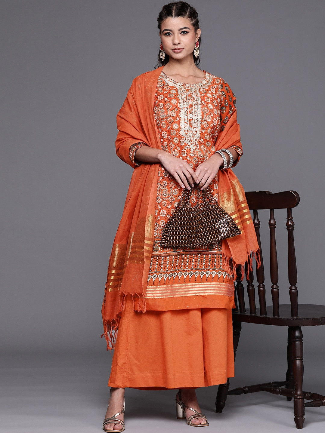 

Biba Women Orange & Off-White Motifs Printed Sequinned Kurta with Palazzos & Dupatta, Beige