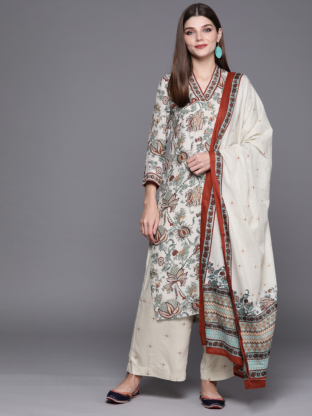 

Biba Women White Floral Printed Regular Kurta with Palazzos & With Dupatta