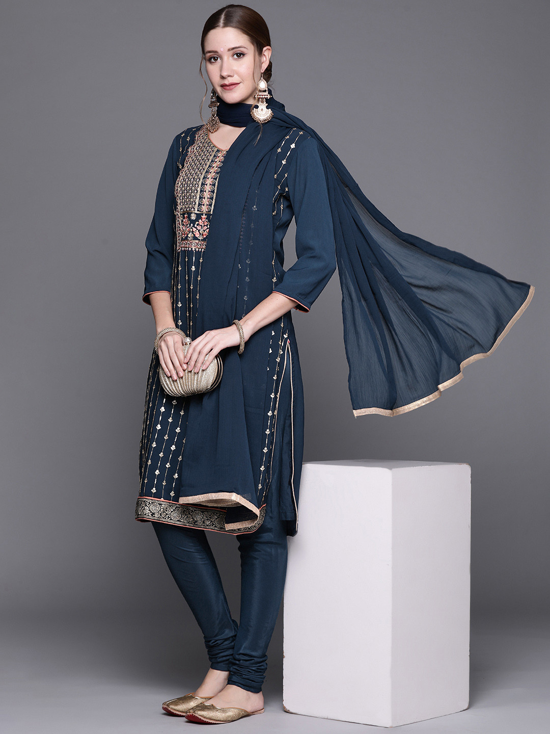 

Biba Women Blue Ethnic Motifs Embroidered Kurta & Churidar With Dupatta