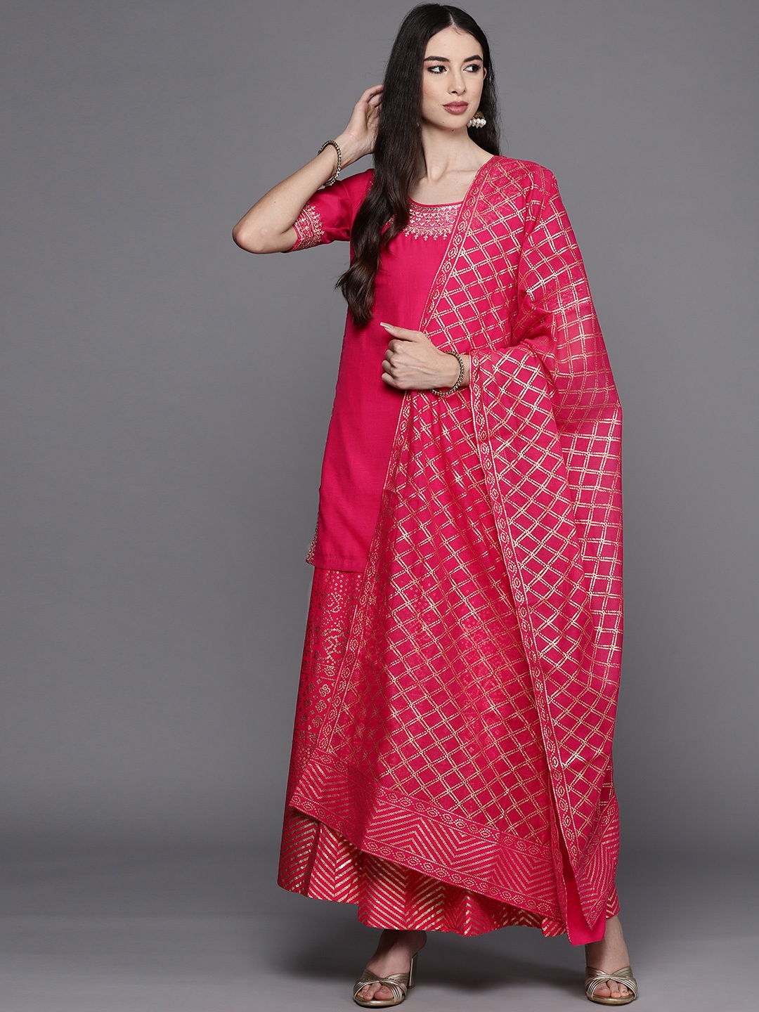 

Biba Women Pink & Golden Ethnic Yoke Design Kurti with Palazzos & Dupatta