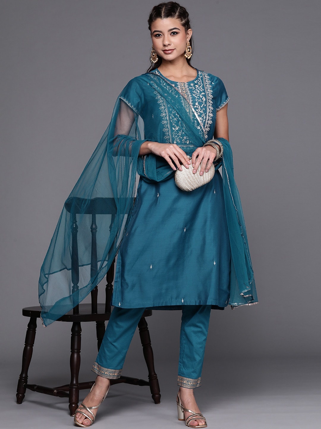 

Biba Women Teal Green & Silver Motifs Embroidered Kurta with Trousers & Dupatta