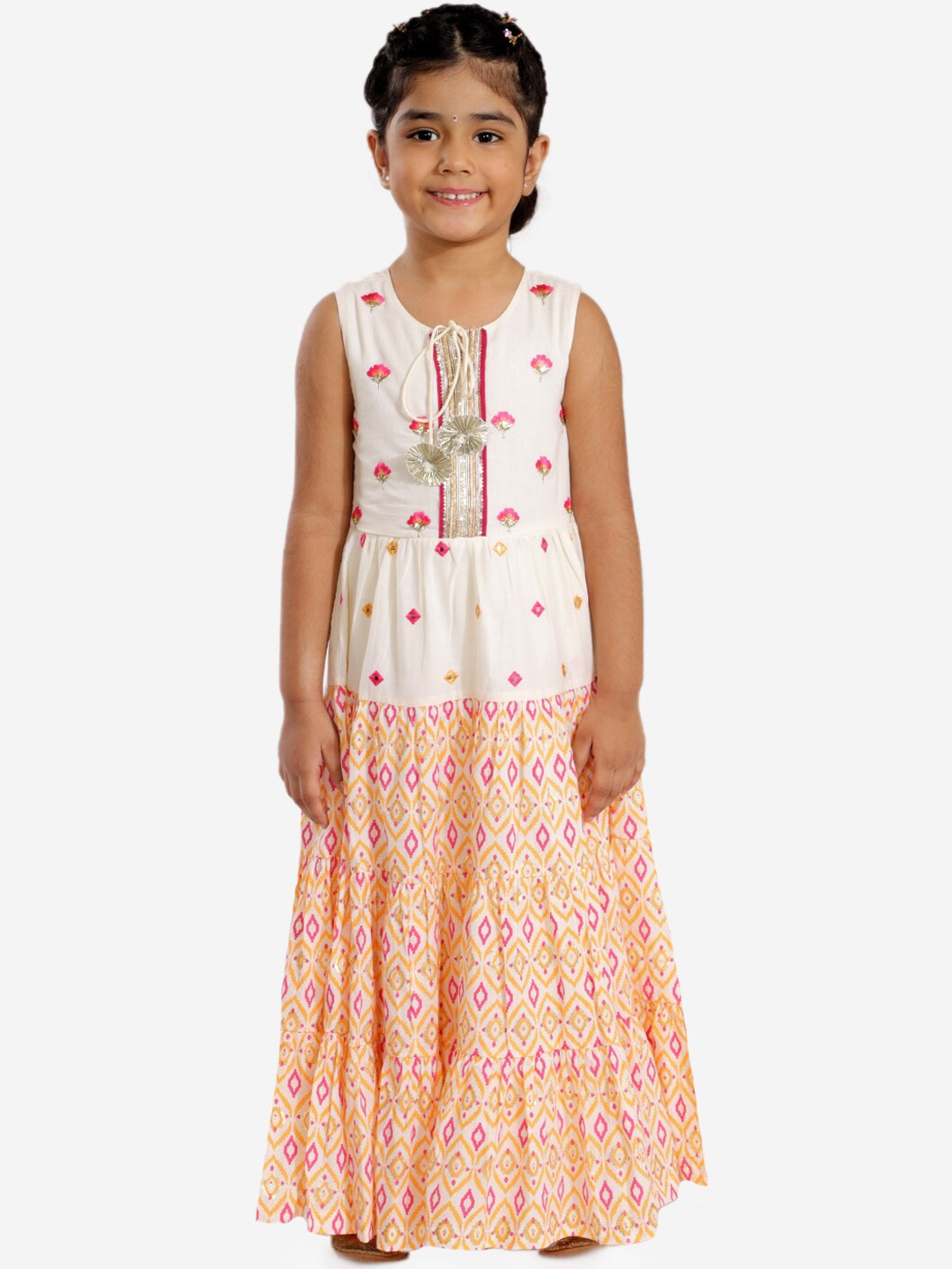 

LIL DRAMA Girls White & Multicoloured Embroidered Tie-Up Neck Net Maxi Dress