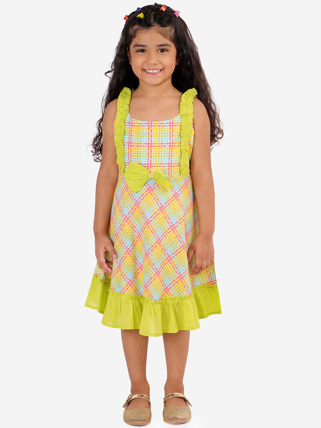 

LIL DRAMA Green & Multicoloured Checked A-Line Dress