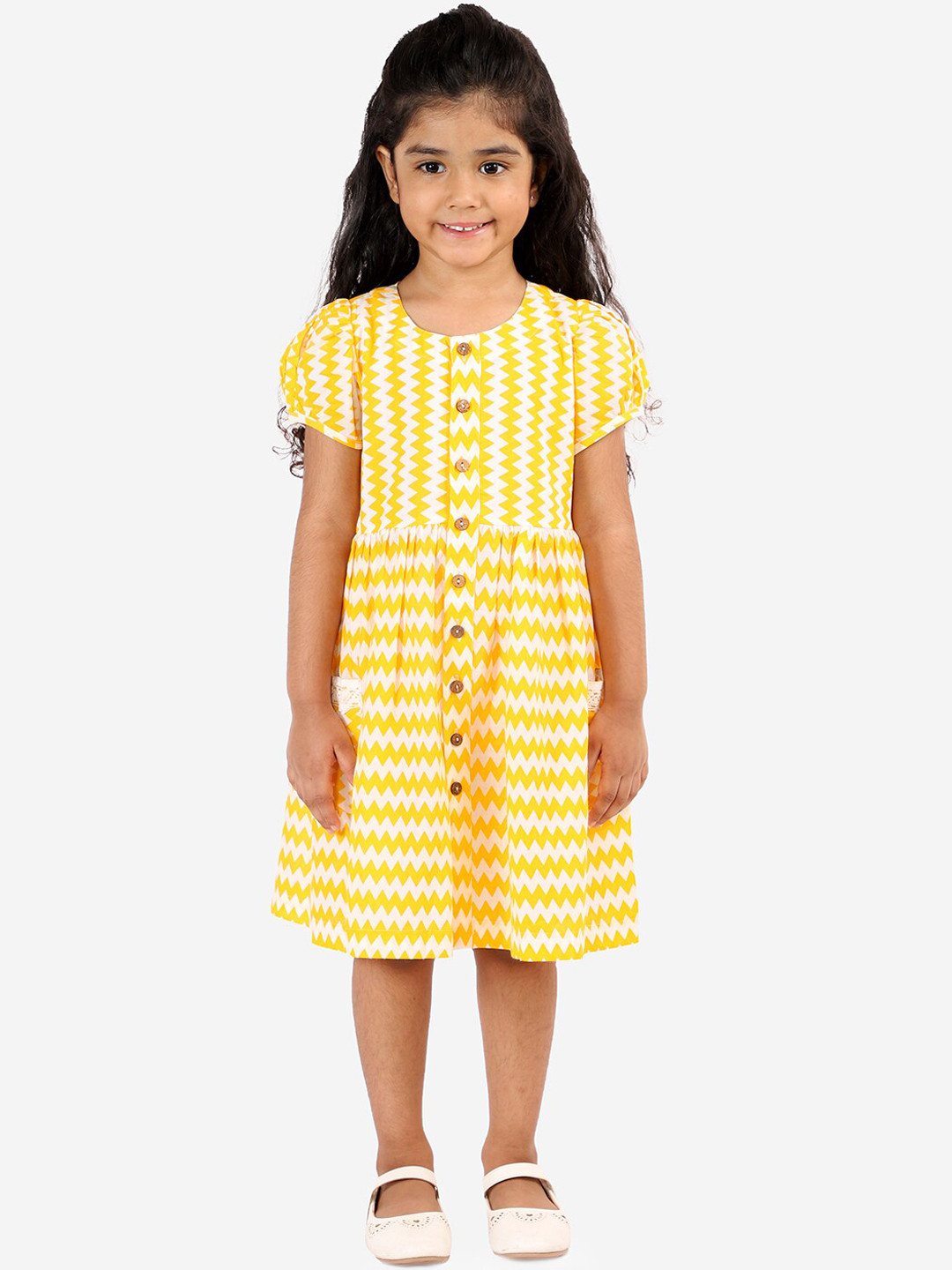 

LIL DRAMA Yellow & White Printed Cotton Dress