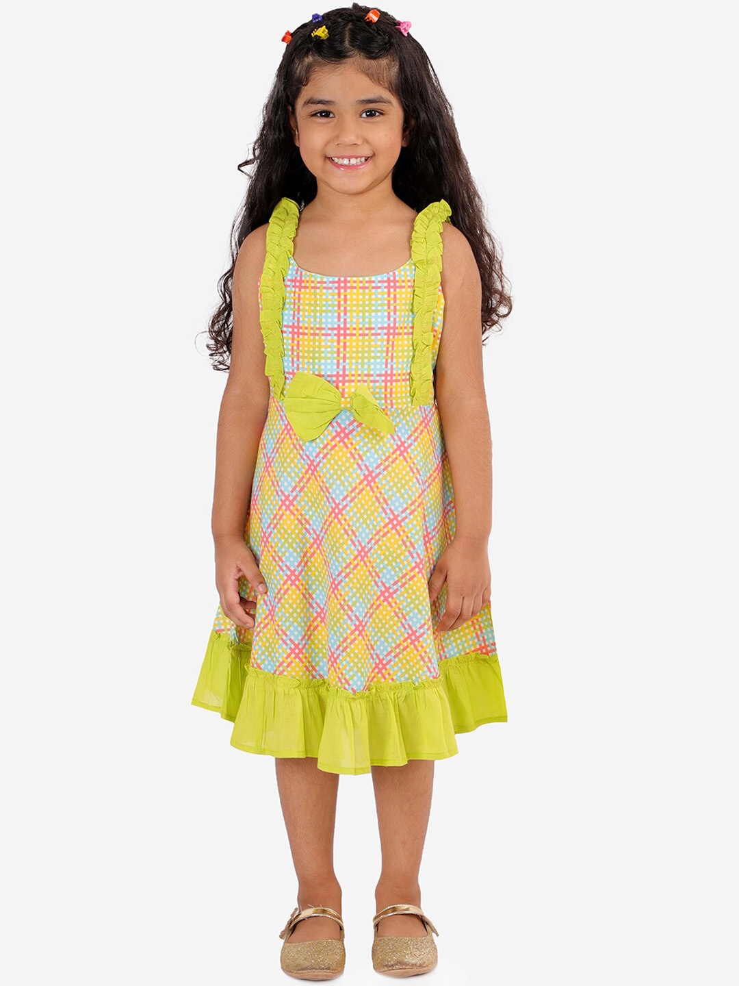 

LIL DRAMA Green & Blue Checked Ruffles A-Line Dress