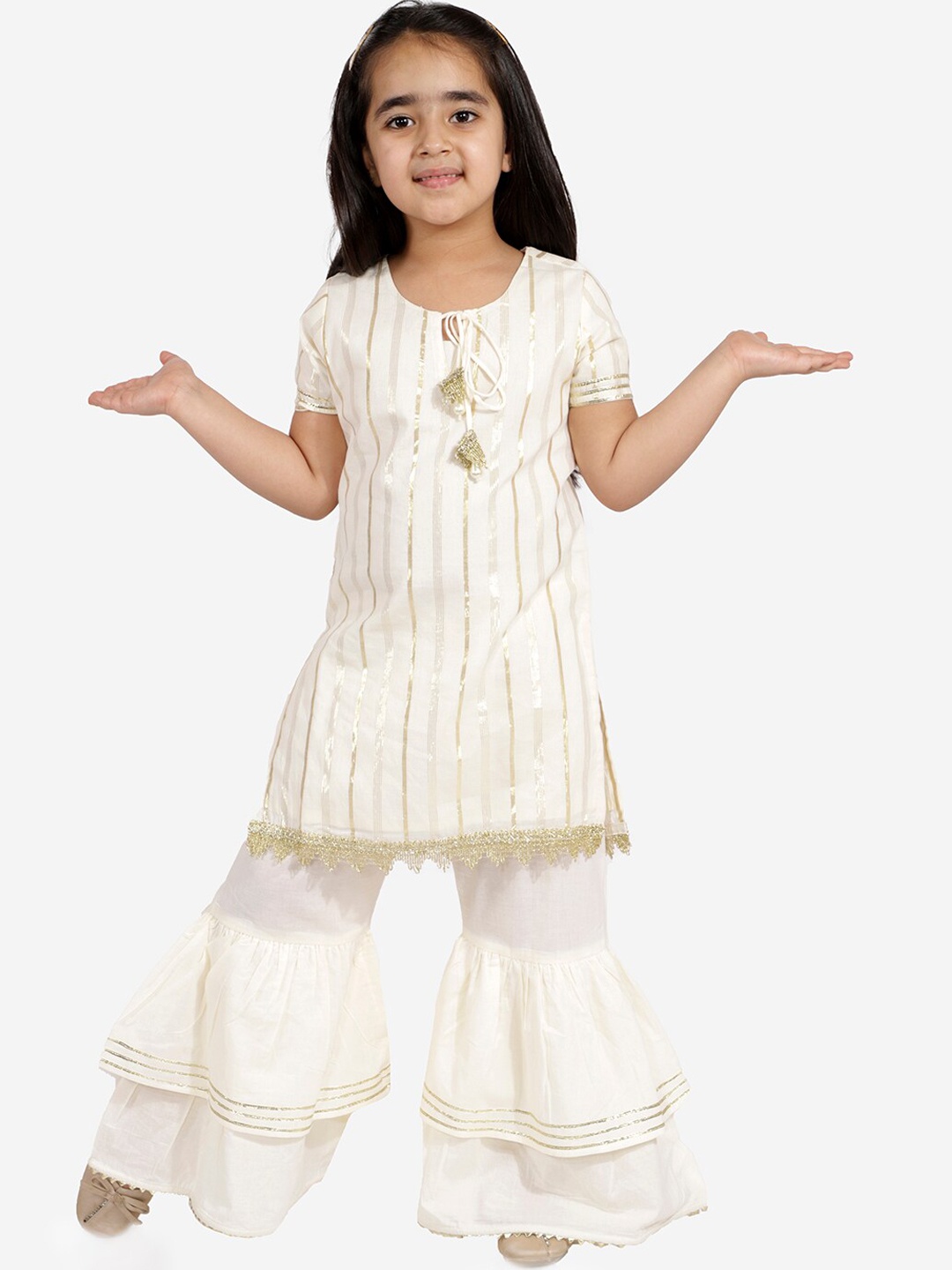 

LIL DRAMA Girls Off White & Gold-Toned Striped Pure Cotton Kurta with Sharara
