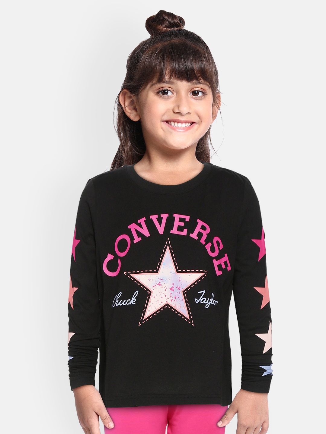 

Converse Girls Black Pink Brand Logo Heart Print Boxy Pure Cotton T-shirt