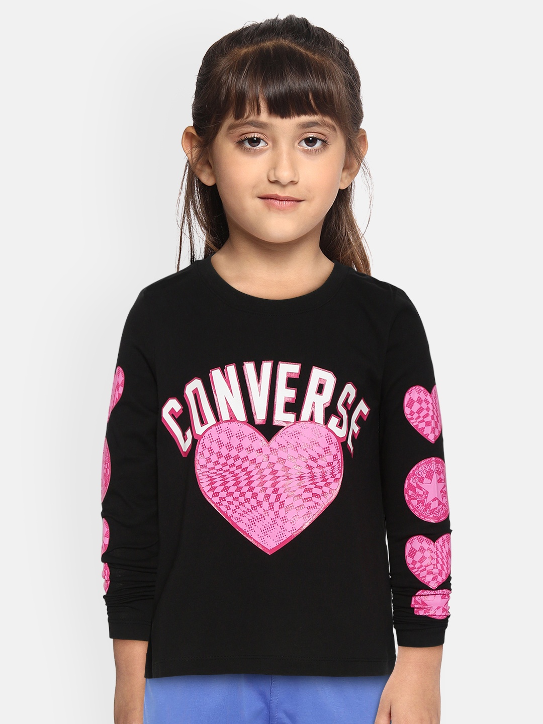 

Converse Girls Black Pink Brand Logo Heart Print Pure Cotton T-shirt