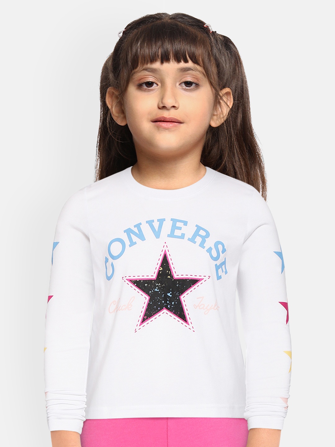 

Converse Girls White Blue Brand Logo Print Boxy Pure Cotton T-shirt