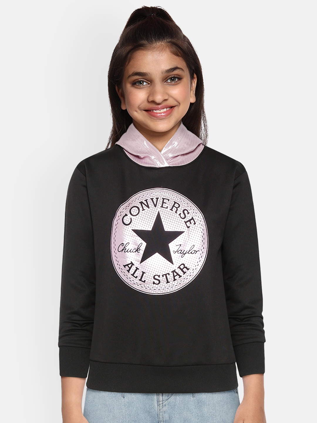 

Converse Girls Black & Pink Brand Logo Print Hooded Sweatshirt