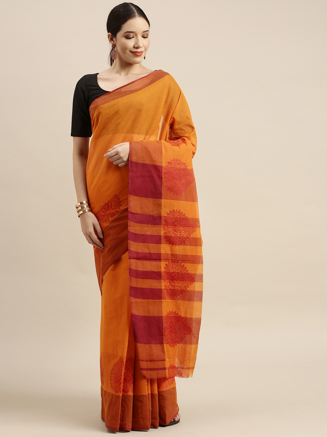 

aamna Mustard & Red Pure Cotton Narayan Peth Saree