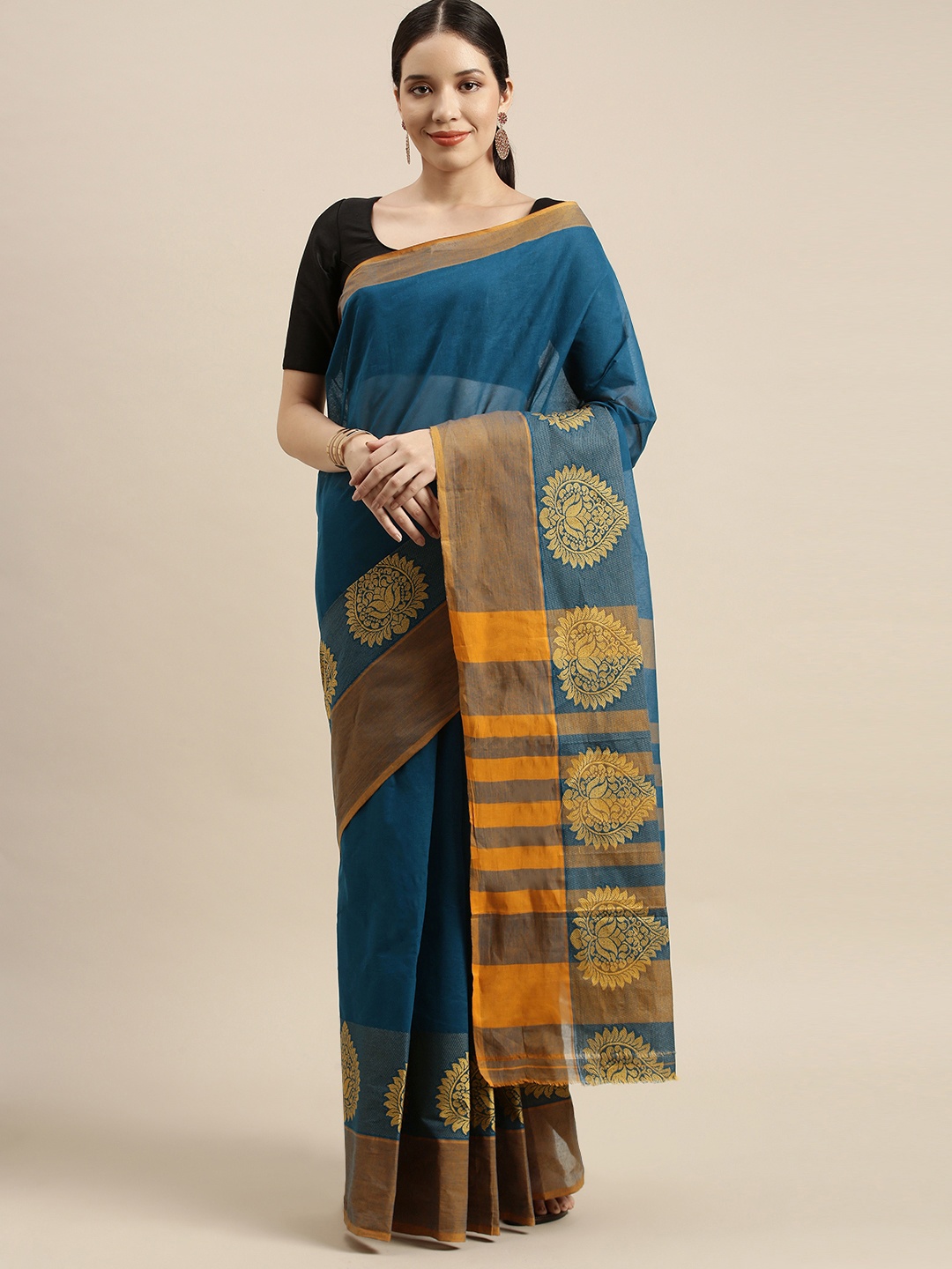 

aamna Blue & Gold-Toned Pure Cotton Narayan Peth Saree