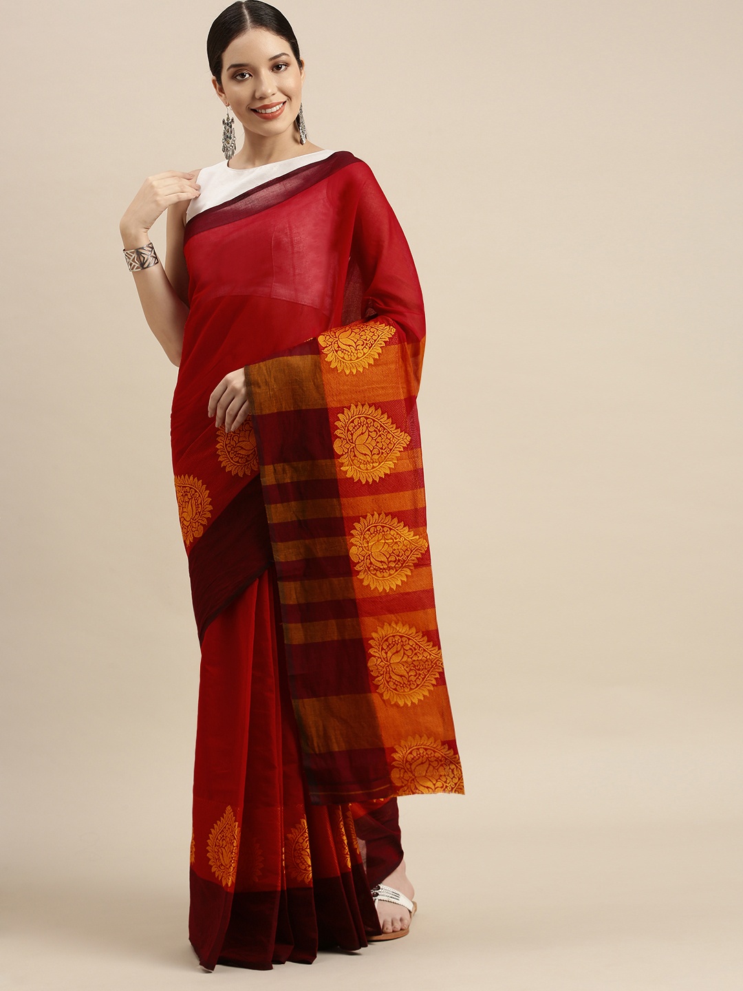 

aamna Red & Yellow Pure Cotton Narayan Peth Saree