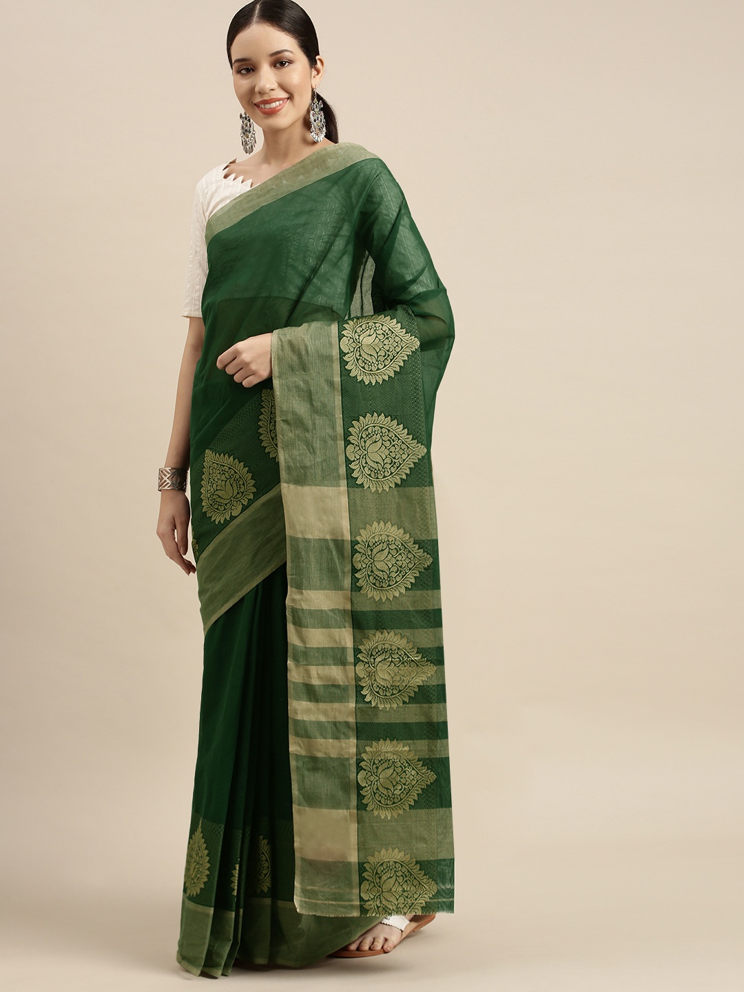 

aamna Green & Gold-Toned Pure Cotton Narayan Peth Saree