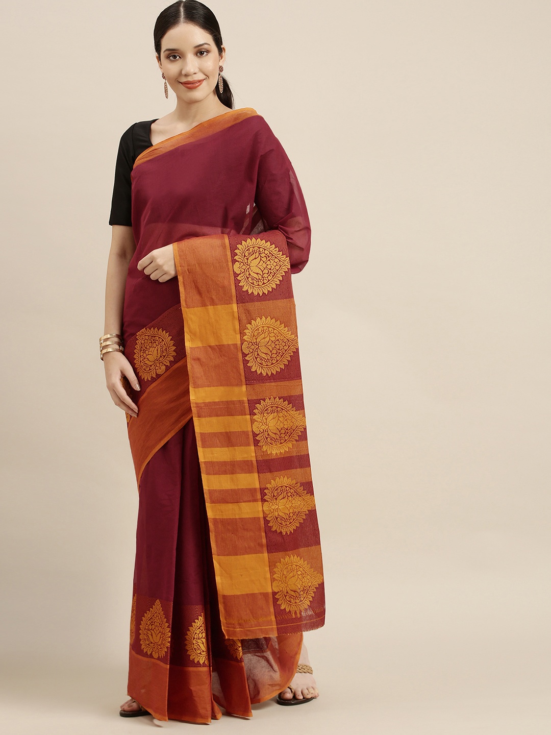 

aamna Maroon & Orange Pure Cotton Narayan Peth Saree