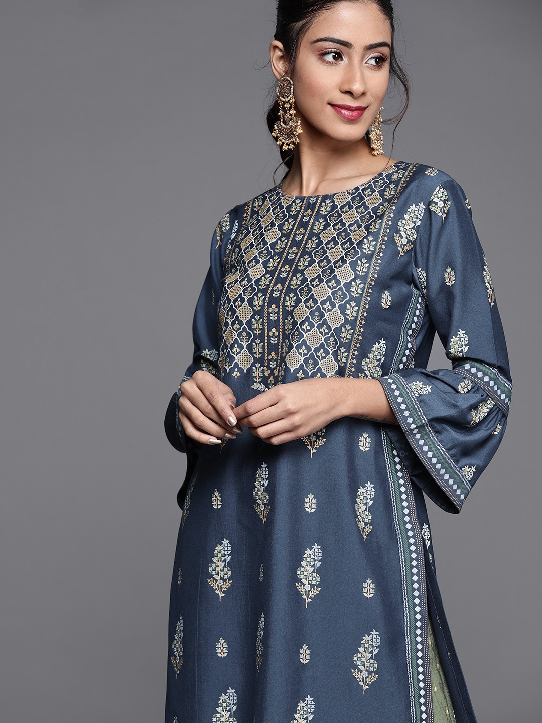 

Libas Women Teal Blue Ethnic Motifs Printed Bell Sleeves Chanderi Silk Kurta