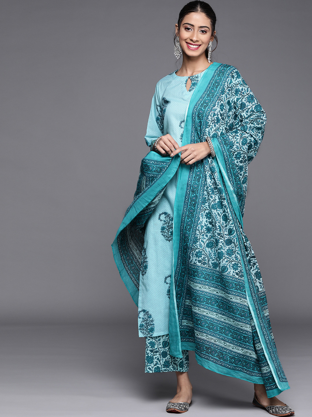 

Libas Women Turquoise Blue Ethnic Motifs Printed Pure Cotton Kurta with Palazzos & Dupatta