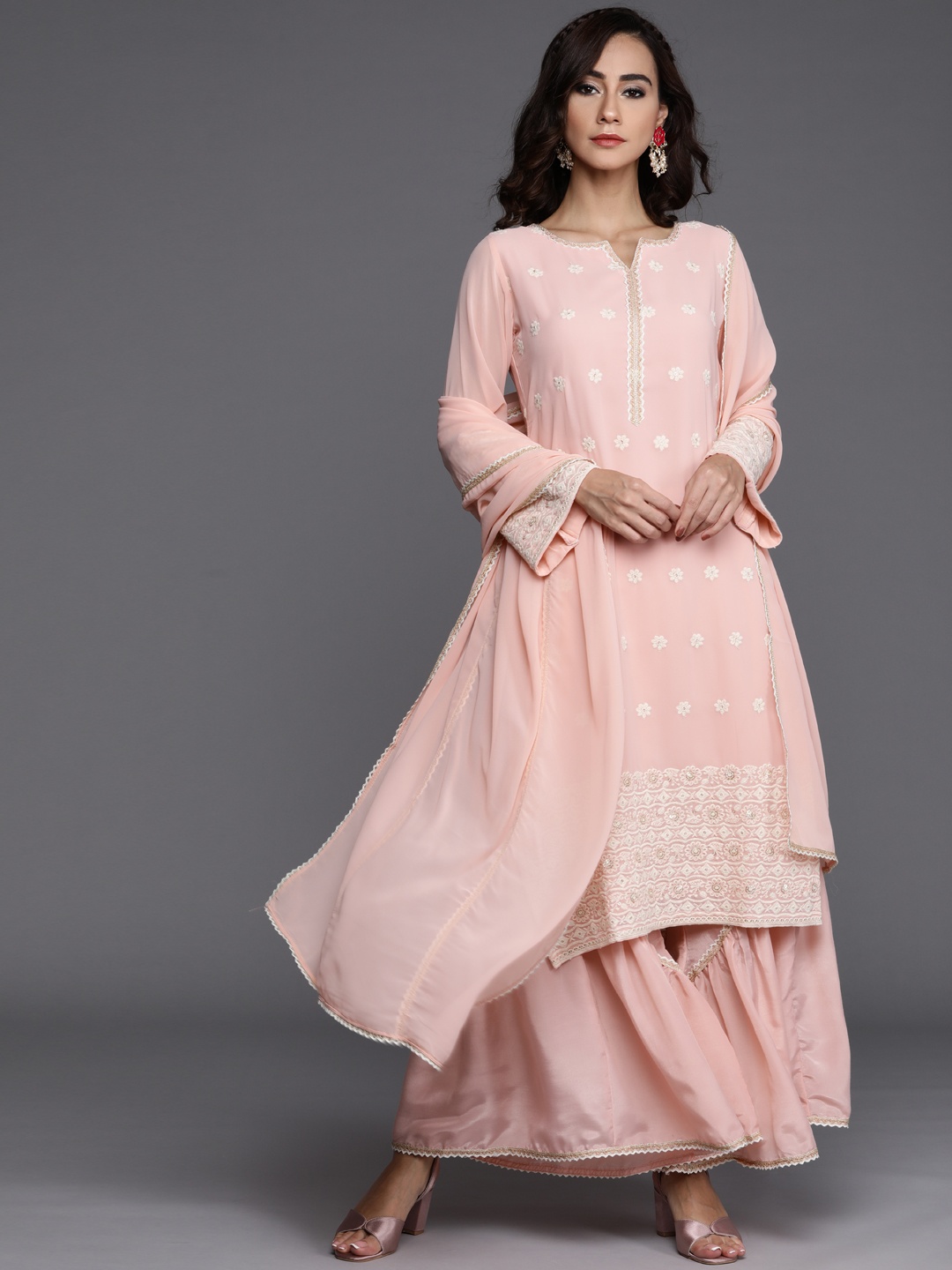 

Libas Women Pink & White Floral Embroidered Kurta with Sharara & Dupatta